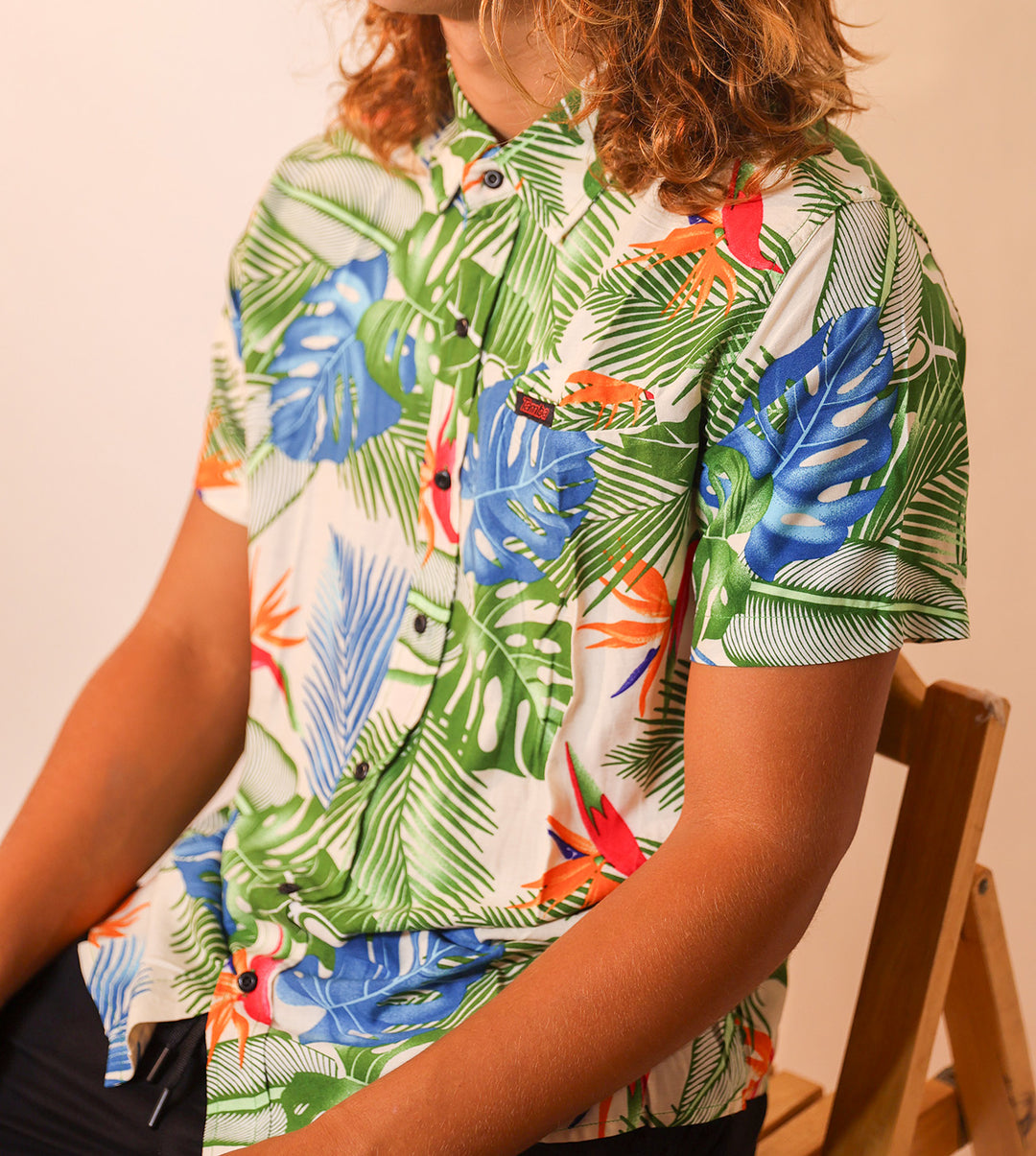 East Side Button Down Short Sleeve Shirt - Bird of Paradise - White