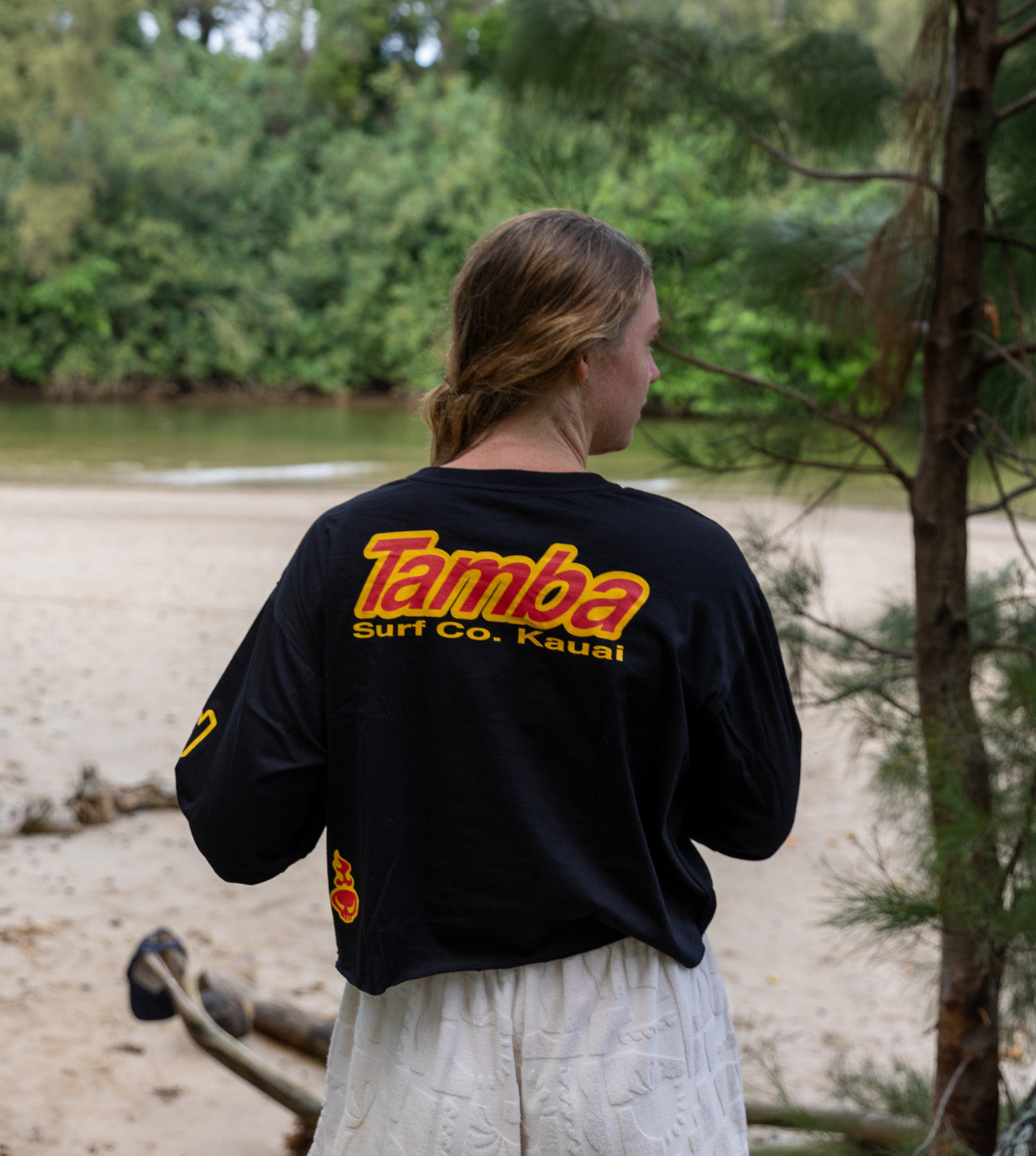 Surf Co Womens Pocket Cropped Long Sleeve Shirt - Black/Yellow/Red