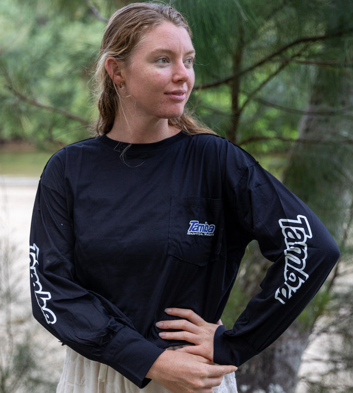 Surf Co Womens Pocket Cropped Long Sleeve Shirt - Black/White/Blue