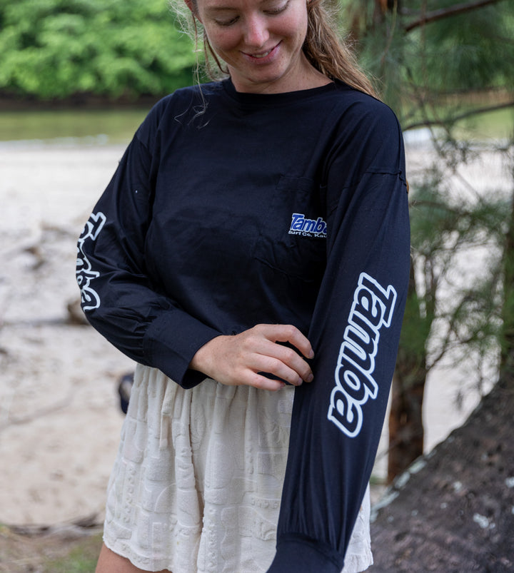 Surf Co Womens Pocket Cropped Long Sleeve Shirt - Black/White/Blue