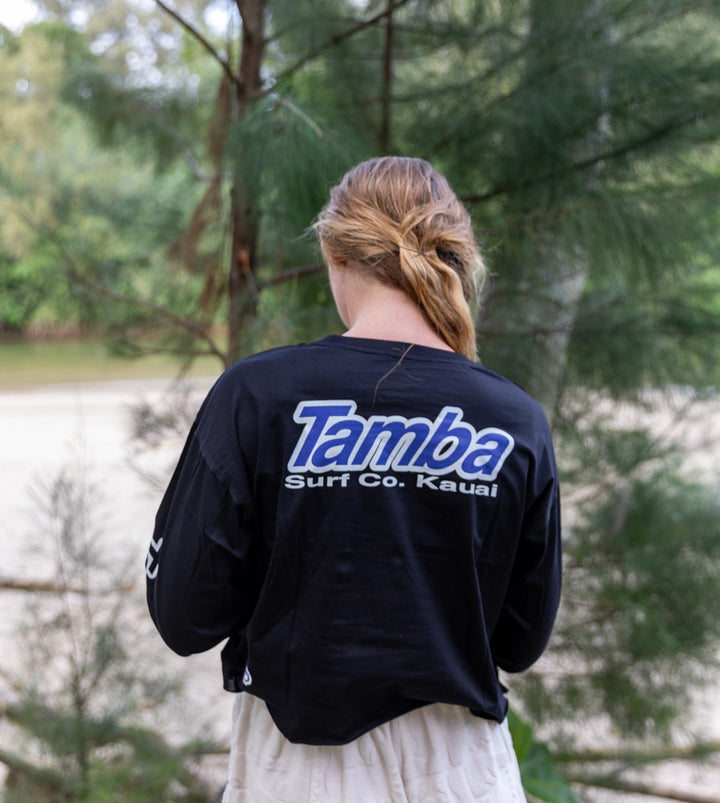 Surf Co Womens Pocket Cropped Long Sleeve Shirt - Black/White/Blue