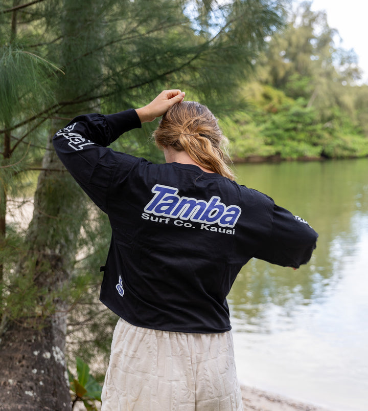 Surf Co Womens Pocket Cropped Long Sleeve Shirt - Black/White/Blue