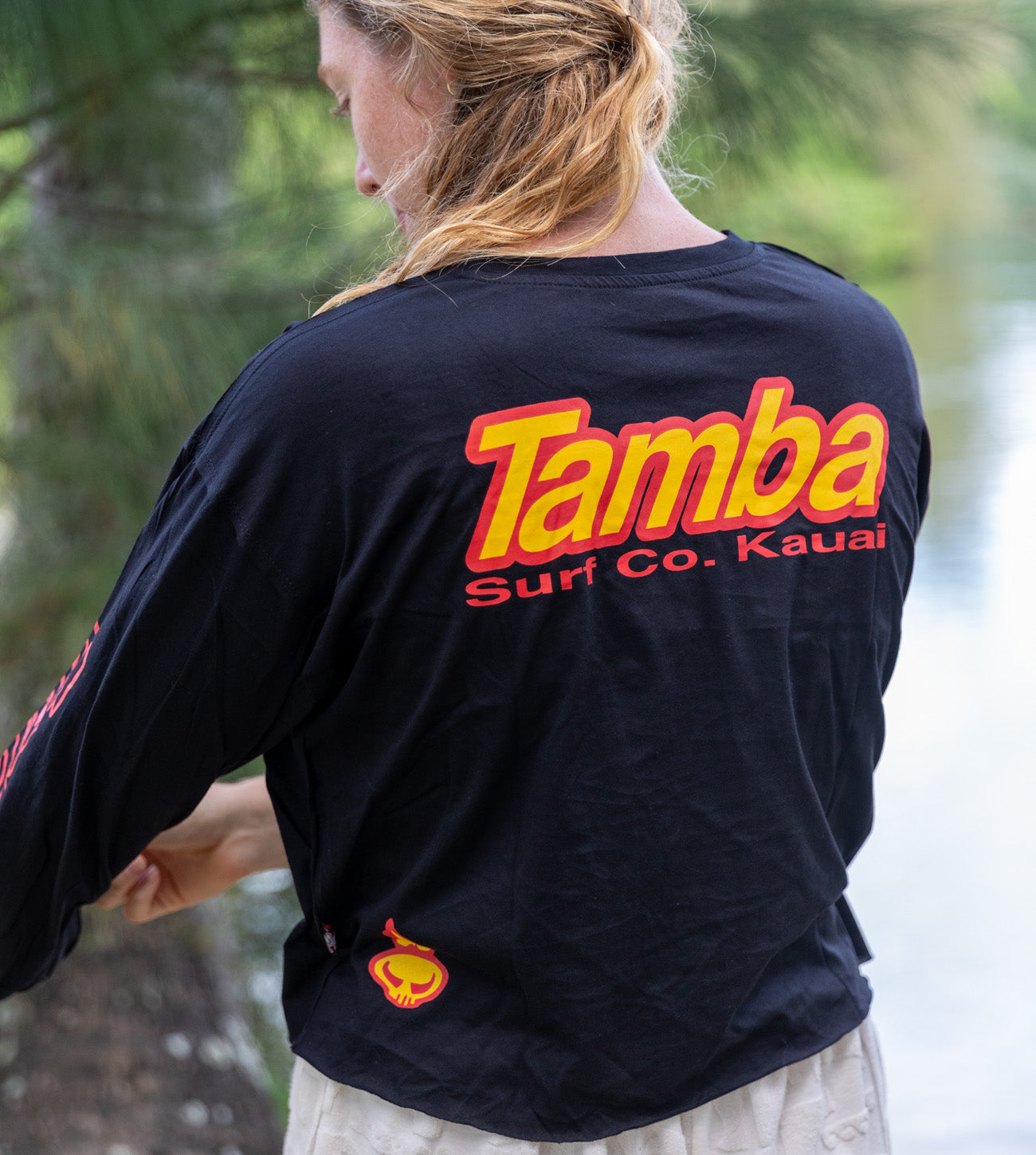 Surf Co Womens Pocket Cropped Long Sleeve Shirt - Black/Red/Yellow