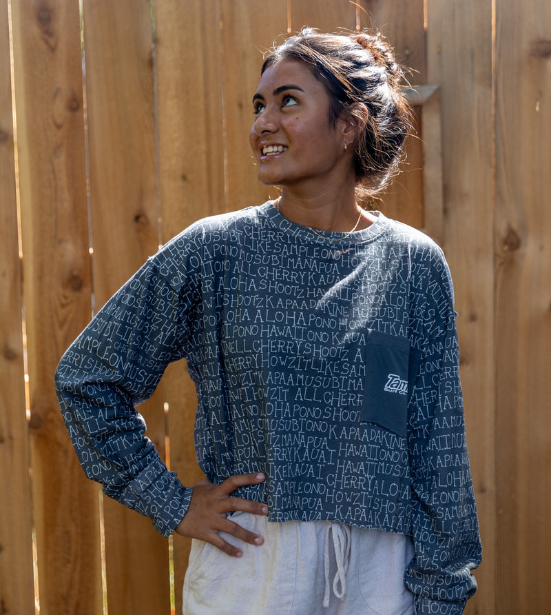 Talk Story Women's Long Sleeve Cropped Shirt - Grey