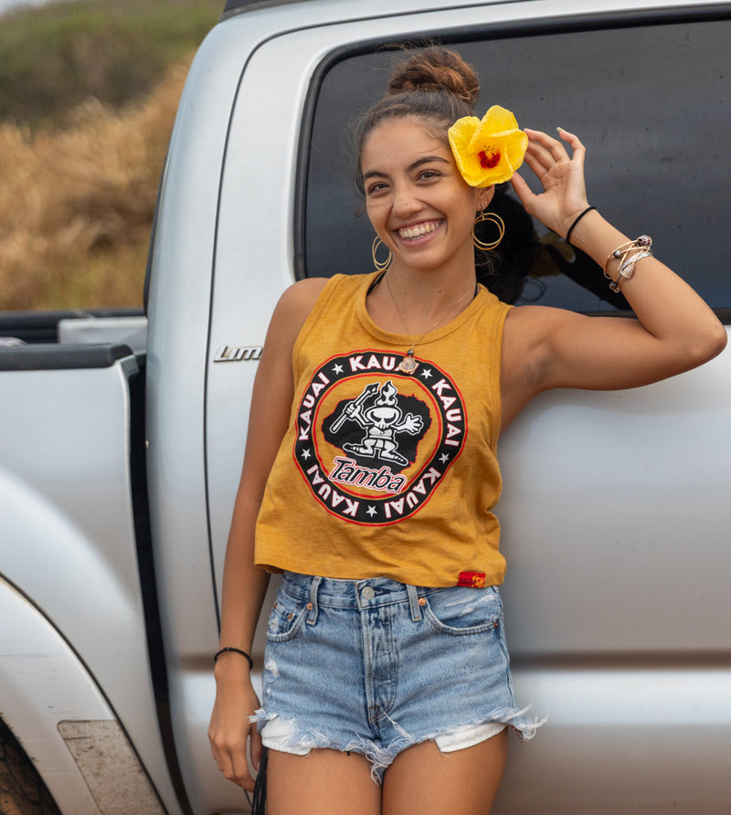 Kaua'i Kine Womens Festival Cropped Tank Top Shirt - Antique Gold