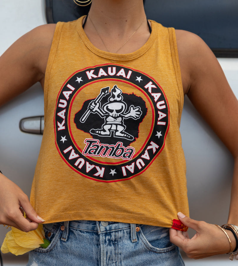 Kaua'i Kine Womens Festival Cropped Tank Top Shirt - Antique Gold