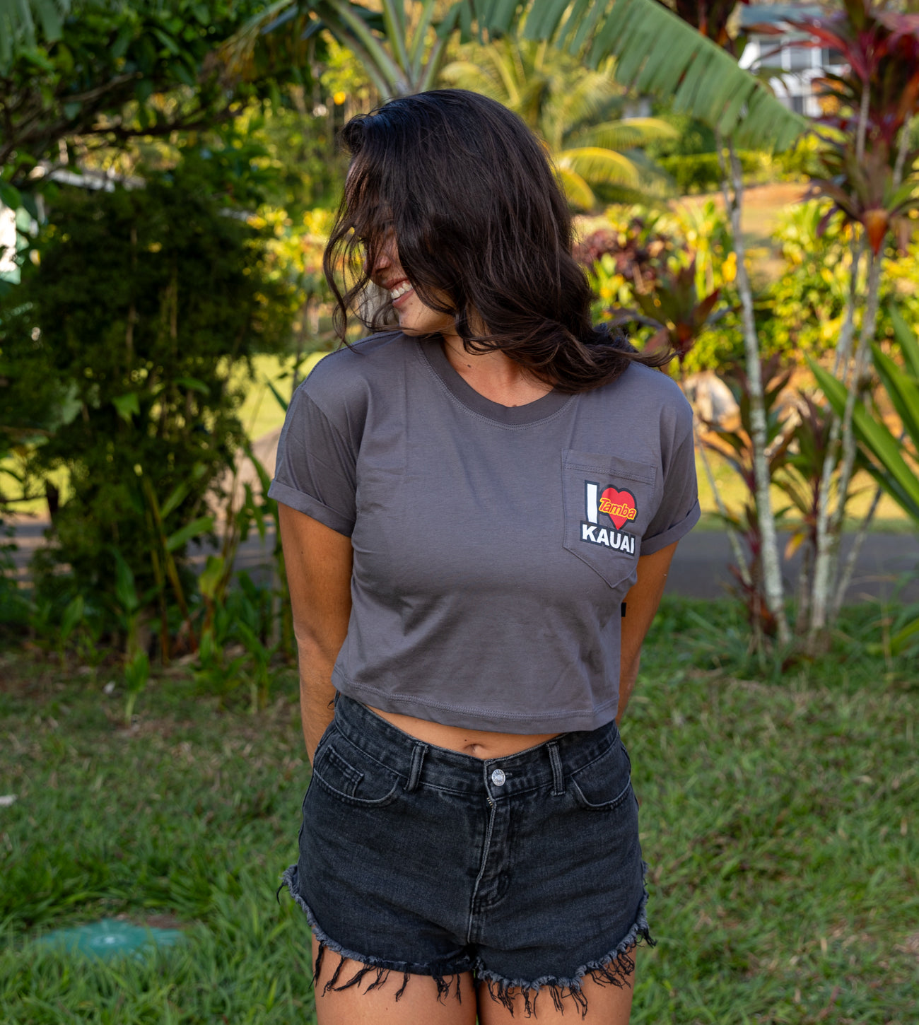 I Heart Kauai Womens Short Sleeve Crop Shirt - Dk Grey