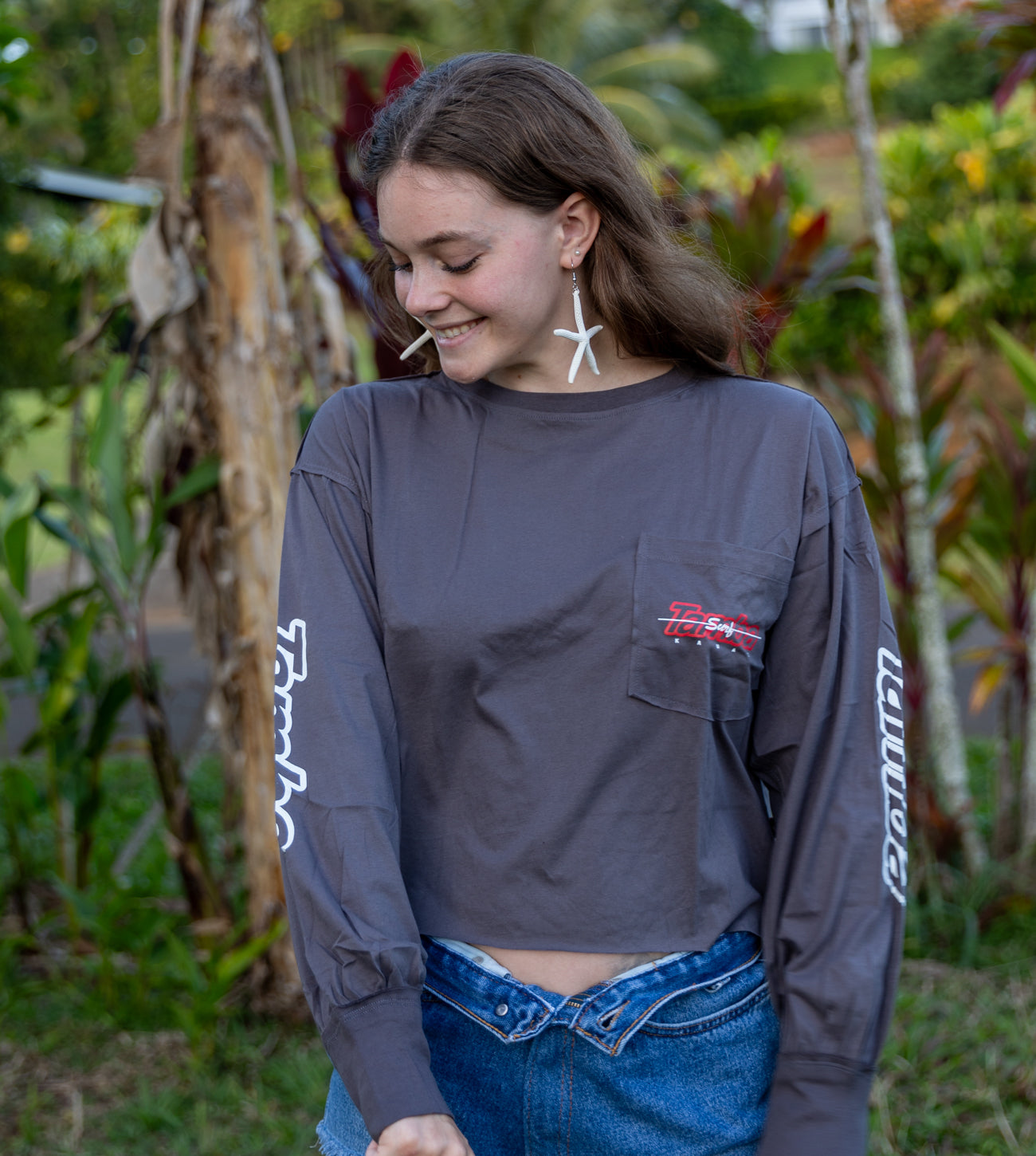 Surfline Womens Long Sleeve Crop Shirt - Dark Grey