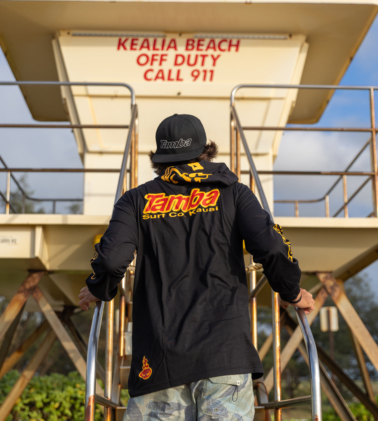 Surf Co Kauai Hooded Long Sleeve Shirt - Black/Yellow/Red