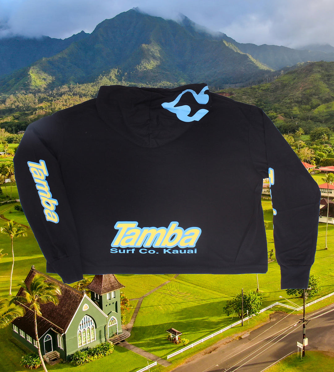 Surf Co Kauai Womens Long Sleeve Crop Hooded Shirt - Black/Blue/Yellow