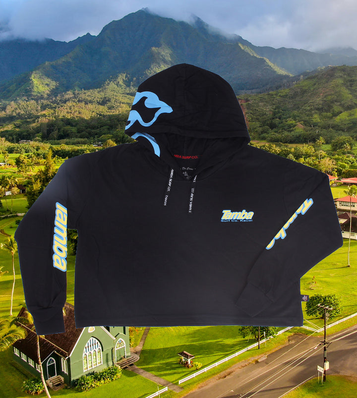 Surf Co Kauai Womens Long Sleeve Crop Hooded Shirt - Black/Blue/Yellow